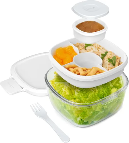 Vista 20 de Bentgo Recipiente de Ensalada de Vidrio Todo en Uno - Ensaladera Grande de 61 oz con Tapa, Bandeja Estilo Bento de 4 Compartimentos, Recipiente