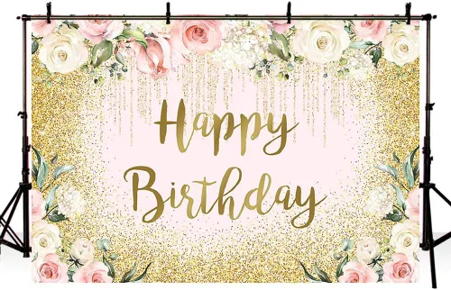 Vista 4 de Sendy Telón de fondo de feliz cumpleaños de 7 x 5 pies con purpurina dorada para decoración de fiesta de cumpleaños para niña y mujer, princesa, Rosa