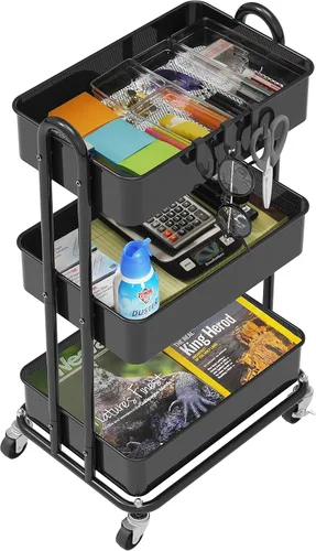 Vista 3 de Simple Houseware - Carrito de metal resistente de 3 niveles, color Negro