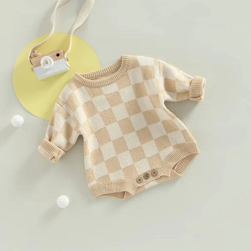 Vista 3 de Ropa unisex de tablero de ajedrez para bebé, niña y niño, mameluco de punto con burbujas, mameluco de una pieza