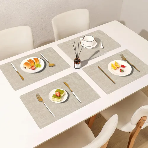 Vista 7 de Juego de 6 manteles individuales de piel sintética (beige) Heat Resistant Wipeable Washable Place Mats, Waterproof Anti-Slip Dining Table Mats