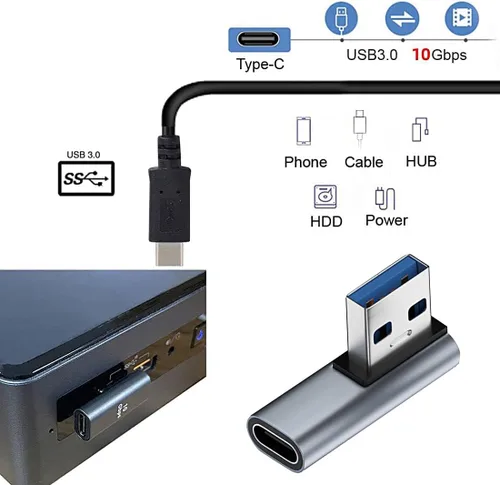 Vista 5 de 4 tipos de adaptadores de 90 grados USB A macho a USB C hembra, vertical arriba y abajo, ángulo izquierdo y recto USB 3.0 a tipo C conector de cable