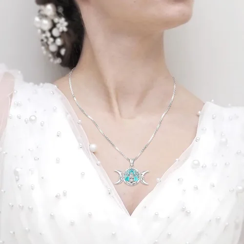 Vista 202 de Collar de pentagrama de plata de ley con triple luna, diosa celta, nudo celta, nudo de brujas, Ankh, sol y luna, Hécate, lilith, Santa Muerte