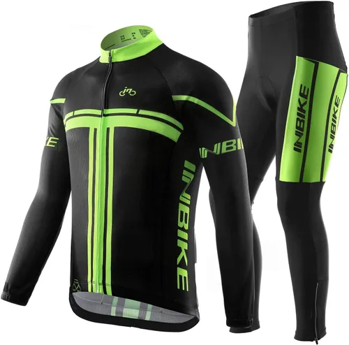 Vista 13 de INBIKE Conjunto de camiseta de ciclismo para hombre, reflectante, transpirable, traje de ciclismo de secado rápido, con pantalones cortos acolchados