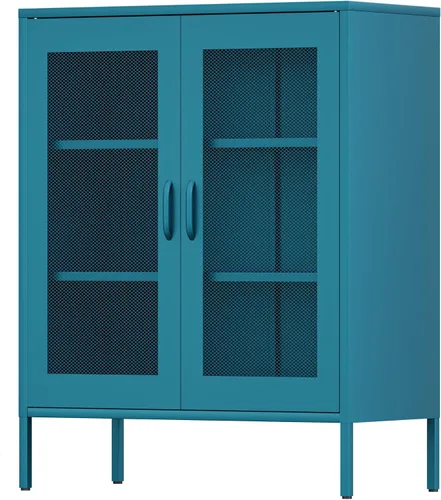 Vista 61 de Gabinete de almacenamiento de metal ancho negro, gabinete de acento de 2 puertas para el hogar y la oficina, gabinete de metal bajo de 2 niveles