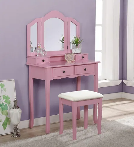 Vista 9 de Roundhill Furniture, Sanlo - Juego de tocador y banco de madera, blanco