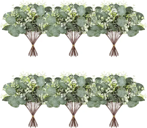 Vista 9 de Yoratee Tallos de eucalipto artificiales, 24 tallos mixtos de eucalipto, hojas de dólar plateadas con semillas blancas, plantas verdes, ramo