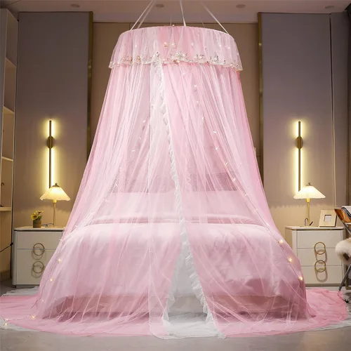 Vista 9 de VETHIN - Dosel de cama de princesa para niñas, cortina de dosel de cama de doble capa con malla transparente, mosquitero de princesa con encaje
