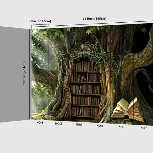 Vista 7 de Murales modernos para papel pintado 3D petrificado árbol arroyo ambiente antiguo oculto estantería abierta libro abierto despegar y pegar