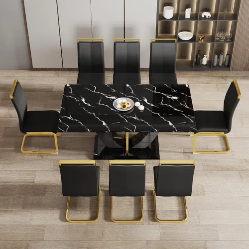 Vista 2 de Juego de mesa de comedor de 71 pulgadas para 8, juego de mesa de comedor de mármol sintético negro para 8, juego de mesa de cocina rectangular