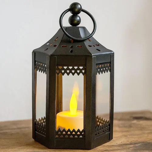 Vista 11 de Vela Lanterns - Portavelas de té, mini centros de mesa, color negro Halloween & Wedding Decor, Decorative Indoor Moroccan Metal Glass Hanging