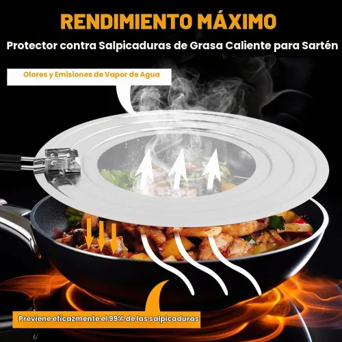 Vista 5 de Pantalla de salpicaduras de acero inoxidable para sartén, protector de salpicaduras de grasa plegable con mango aislado plegable para sartenes