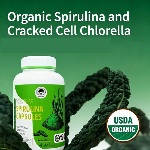 Vista 8 de Cápsulas de espirulina 240 cápsulas, alimentos saludables, 100% vegetarianos,Espirulina hawaiana pura 450 mg, apoya el sistema inmunológico