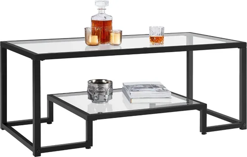 Vista 10 de Yaheetech Mesa de Café Dorada, Mesa de Centro de Vidrio Rectangular de 42" para Sala de Estar, Mesas de Té de 2 Niveles con Marco de Metal