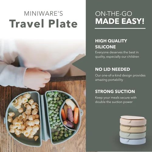 Vista 2 de Miniware Fold & Scoop - Juego de alimentación para bebés, plato de silicona para bebé con succión y cuchara para bebé, compacto, portátil, apto