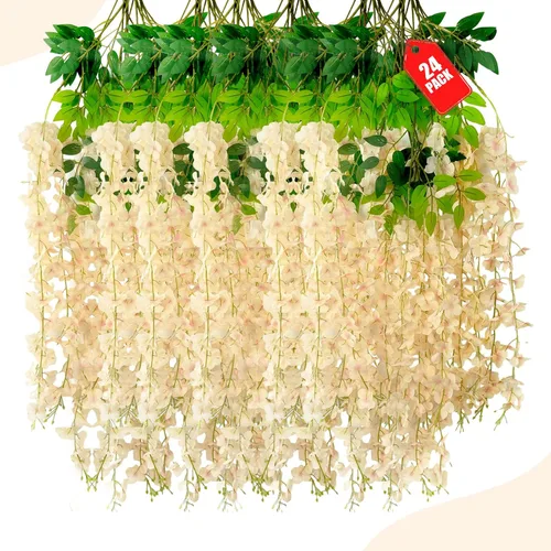 Vista 46 de Paquete de 12 flores colgantes de glicina rosa, flores colgantes falsas de 3.44 pies, guirnalda de glicina artificial para decoración de boda, telón