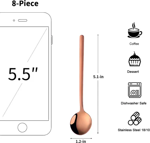 Vista 2 de Juego de 8 cucharas de café pequeñas de acero inoxidable 18/10 de oro rosa para té, postre, aperitivo, 5.1 pulgadas