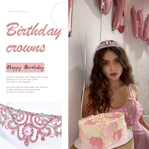 Vista 3 de Acenail Corona de cumpleaños para niña, banda de cumpleaños, tiara de cumpleaños para niñas, coronas de cumpleaños con diamantes de imitación