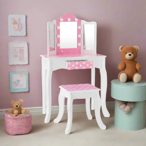 Vista 13 de Teamson Kids Juego de tocador de estrellas con luces LED para niñas, mesa de maquillaje rosa de 2 piezas para niños con espejo, 3 cajones