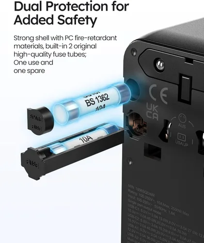 Vista 7 de Adaptador de viaje universal de 70 W, adaptador de corriente internacional Nekmit con cable de carga rápida USB C retráctil, enchufe de viaje de 6