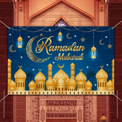 Vista 3 de Decoraciones de Ramadán para el hogar - 71 x 44 en Ramadán Banner Mubarak Mesa Mubarak Signo Telón de fondo Favores Colgantes Decoraciones