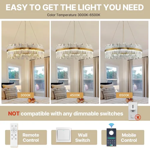 Vista 4 de Lámpara de araña de cristal LED redonda redonda de 24 pulgadas con control remoto