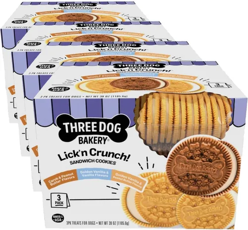 Vista 8 de Three Dog Bakery Lick'n Crunch Sandwich Cookies Premium, golosinas para perros sin sabores artificiales, algarrobo/mantequilla de maní