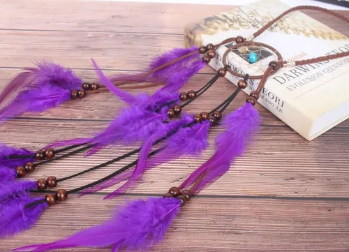 Vista 8 de Gangel Diadema de plumas turquesas, tocado indio gitano, atrapasueños, hippie, plumas, con plumas moradas, cuerda de cáñamo larga con borla