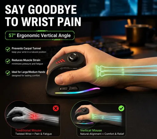 Vista 3 de TKMARS Ratón vertical ergonómico inalámbrico para juegos con joystick, Bluetooth y 2.4G, 12 botones programables, 24000 DPI ajustable, mouse RGB