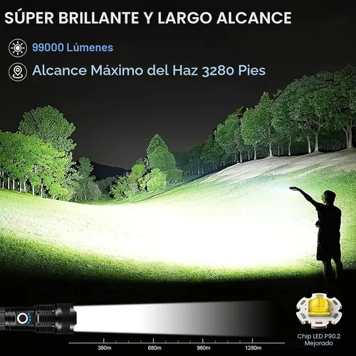 Vista 2 de Paquete de 3 linternas recargables de altos lúmenes, linterna LED súper brillante de 990000LM, luz de flash potente ajustable con 5 modos y cable