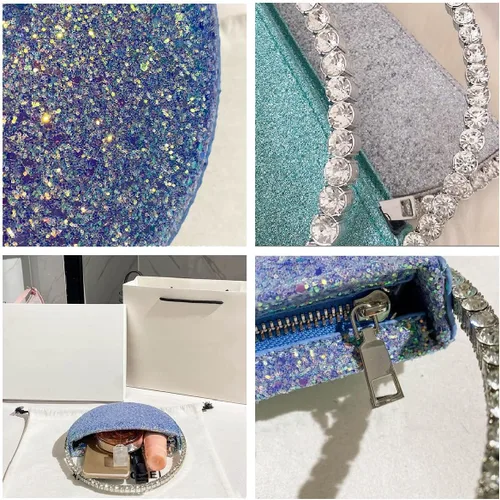 Vista 6 de Mini corazón forma redonda Rhinestone embrague bolso bolso marco diamante brillo lentejuelas brillantes bolso de noche boda fiesta