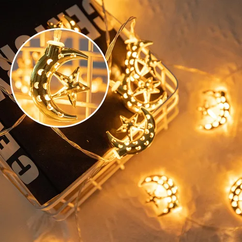 Vista 6 de Vigdur Guirnalda de luces de Ramadán – 20 luces LED Eid Mubark Luna Star Fairy Lights funciona con pilas con temporizador, luz de decoración Ramanda