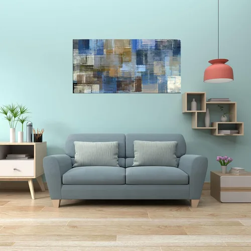 Vista 6 de DZL Art A74875 - Arte abstracto grande para pared, impresiones en lienzo gris y azul, arte de pared enmarcado, arte de pared para sala de estar