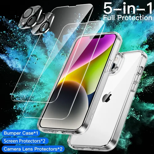 Vista 2 de JETech Funda 5 en 1 para iPhone 14 de 6.1 pulgadas, con 2 protectores de pantalla y protector de lente de cámara, no se pone amarillenta, a prueba