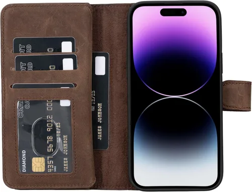 Vista 71 de HARDISTON Funda de piel auténtica de alta calidad hecha a mano para iPhone 7/8 / SE doble folio tarjetero - Funda magnética desmontable - Soporte