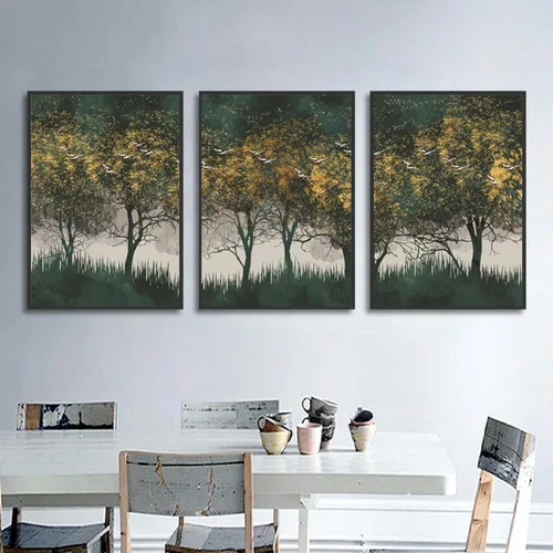 Vista 5 de Estilo nórdico, paisaje de bosque, pájaros voladores, punto dorado, luz de lujo, lienzo, imágenes artísticas de pared, carteles de decoración