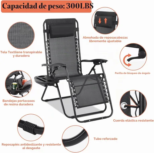 Vista 4 de Silla de gravedad cero plegable, silla de césped, silla reclinable ajustable para acampar con bandejas para almohada y soporte para tazas, silla