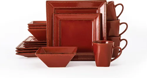 Vista 8 de Lorren Home Trends - Juego de vajilla cuadrada de cerámica con cuentas de 16 piezas, color negro