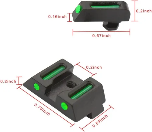 Vista 5 de Miras de fibra óptica sin tritio para Glock 17, 17L, 19, 22, 23, 24, 26, 27, 33, 34, 35, 38 y 39, contorno fotoluminiscente verde para exteriores