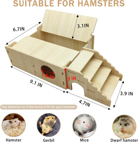 Vista 10 de Túnel de escondite de hámster de madera, casa multicámara, hámster enano, escondite, cabaña, laberinto, plataforma, hábitats exploradores, juguetes