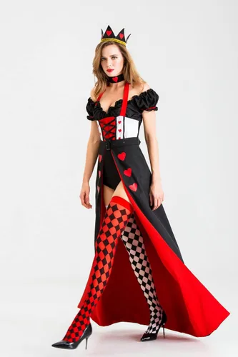 Vista 7 de Disfraz de reina para mujer, disfraz de Halloween del país de las maravillas, corazones rojos reales, carnaval, cosplay para adultos