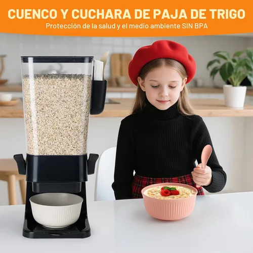 Vista 4 de Osacoe Dispensador de cereales para encimera, color negro, paquete de 2 con cuencos, cucharas, caja de cubiertos, dispensador de alimentos secos