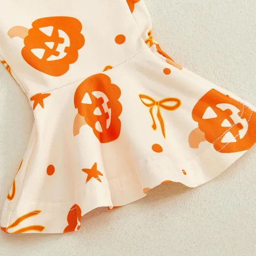 Vista 7 de Conjunto de mameluco de manga larga con volantes para bebé niña con parte superior acampanada y pantalones de mezclilla