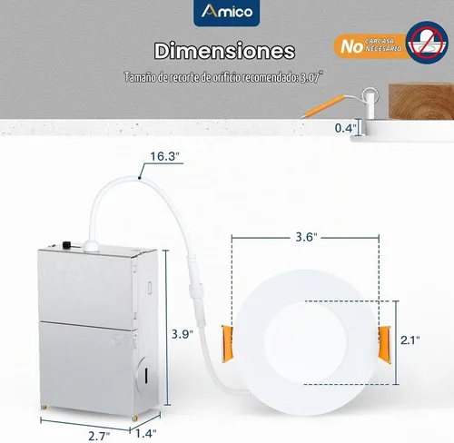 Vista 4 de Amico Paquete de 6 luces LED empotrables de 3 pulgadas con caja de Blanco