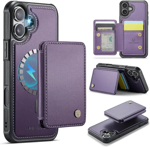 Vista 89 de Dteck Funda para iPhone 16 de 6.1 pulgadas 2024, funda de piel sintética con cierre de botón magnético, ranuras para tarjetas de crédito, función