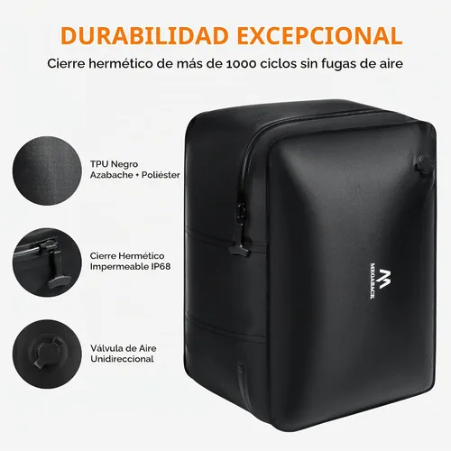 Vista 5 de Bolsas de viaje al vacío Megaback para equipaje con bomba, bolsas de sellado al vacío reutilizables para ropa, impermeables IP68, diseño de apertura