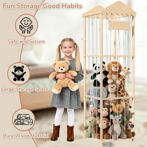 Vista 3 de AMBIRD Almacenamiento de animales de peluche, soporte de madera para zoológico, organizadores de juguetes grandes para niños, almacenamiento