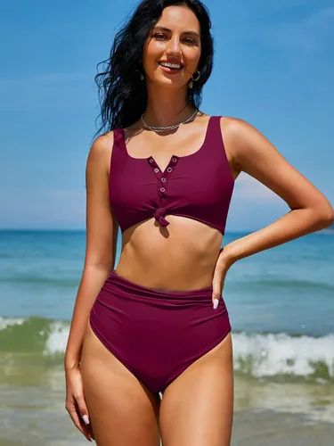 Vista 2 de ZAFUL - Traje de baño estilo bikini de dos piezas con cuello redondo y cintura alta para mujer