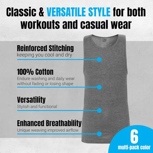 Vista 4 de Athllete Men's Tank Top Undershirts 6-Pack, Cotton Sleeveless A-Shirts, Ribbed Mens Tanktops, Wife Beater Shirts