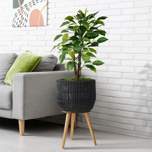 Vista 3 de Maceta Casafield para Interior con Soporte, Maceta de Piso Negra con Patas de Madera, Gran Cubierta de Maceta con Forro para Plantas de Casa